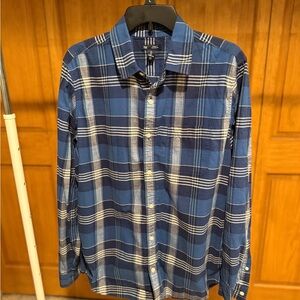 GAP 100% Cotton Blue and Navy Plaid Button-Down Shirt with White Accents